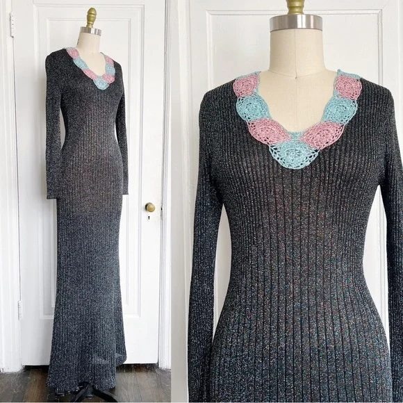 vintage • 1970s Wenjilli lurex maxi dress gown ribbed knit metallic sparkle 70s - Picture 5 of 11